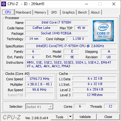 Intel Core i7 9750H @ 3790.73 MHz - CPU-Z VALIDATOR