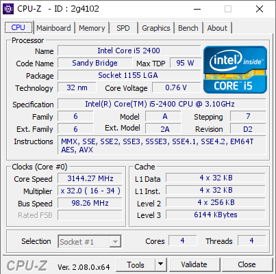 Intel Core i5 2400 @ 3144.27 MHz - CPU-Z VALIDATOR