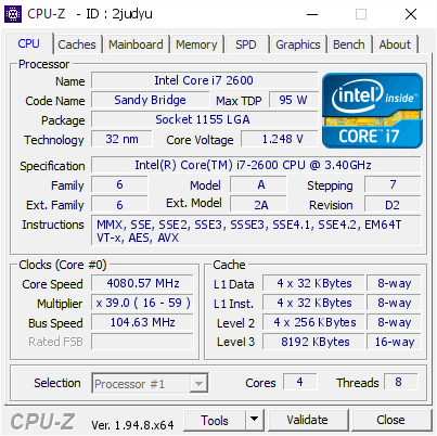 Intel Core i7 2600 @ 4080.57 MHz - CPU-Z VALIDATOR