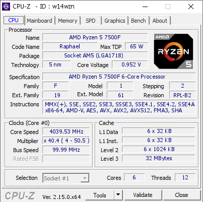 AMD Ryzen 5 7500F @ 4039.53 MHz - CPU-Z VALIDATOR
