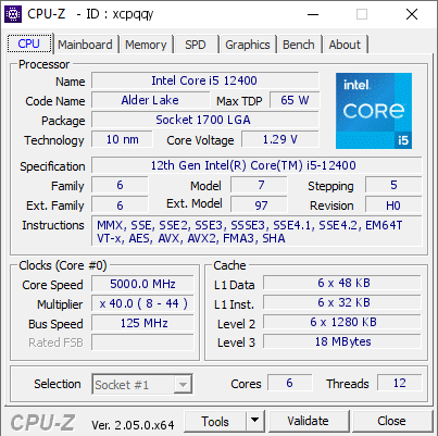 Intel Core i5 12400 @ 5000 MHz - CPU-Z VALIDATOR