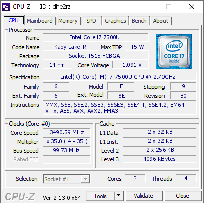 Intel Core i7 7500U @ 3490.59 MHz - CPU-Z VALIDATOR
