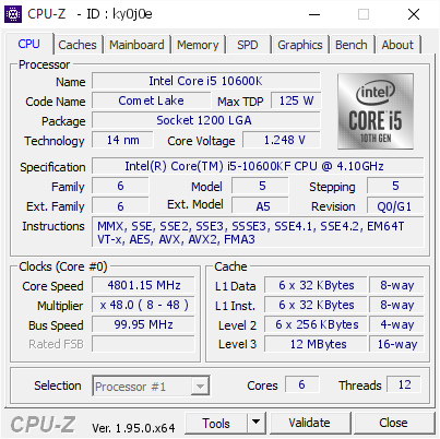 Intel Core i5 10600K @ 4801.15 MHz - CPU-Z VALIDATOR