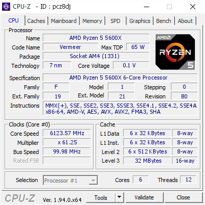 AMD Ryzen 5 5600X @ 6123.57 MHz - CPU-Z VALIDATOR
