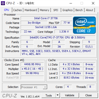 Intel Core i7 3770K @ 4498.95 MHz - CPU-Z VALIDATOR