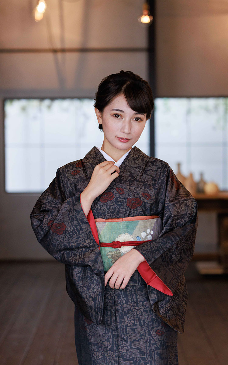 大島紬 フルセット 小紋 着物 正絹 着物OT□大島紬 紺 花柄 正絹 花 帯