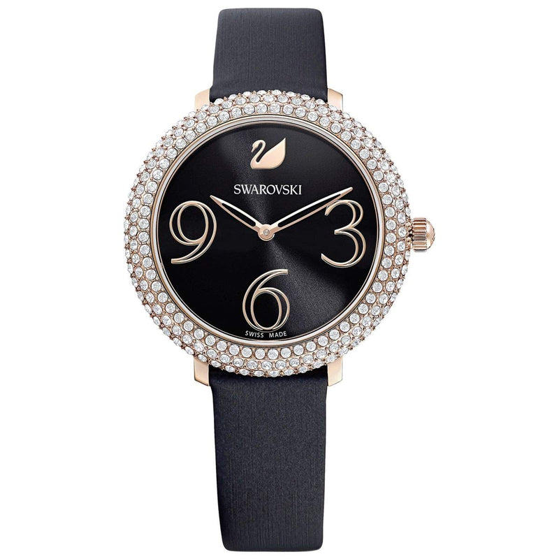 Swarovski Crystal Frost Black Dial Black Leather Strap Watch for Women