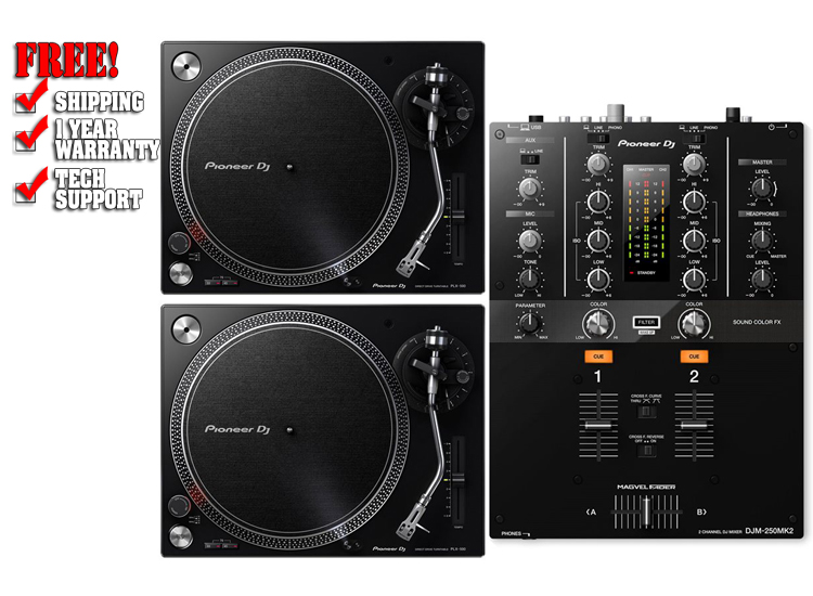 Pioneer DJM-250MK2 DJ Mixer, (2) PLX-500K Turntables Package