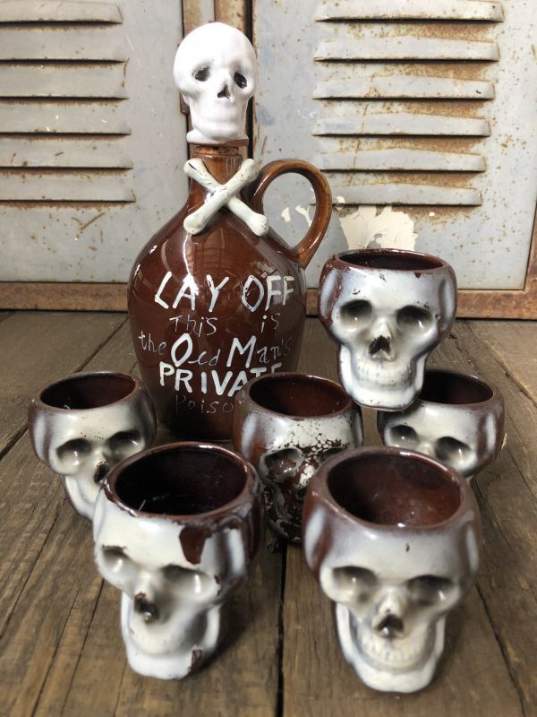 50s Vintage JAPAN Skull Poison Bottle Decanter Shot Glass SET