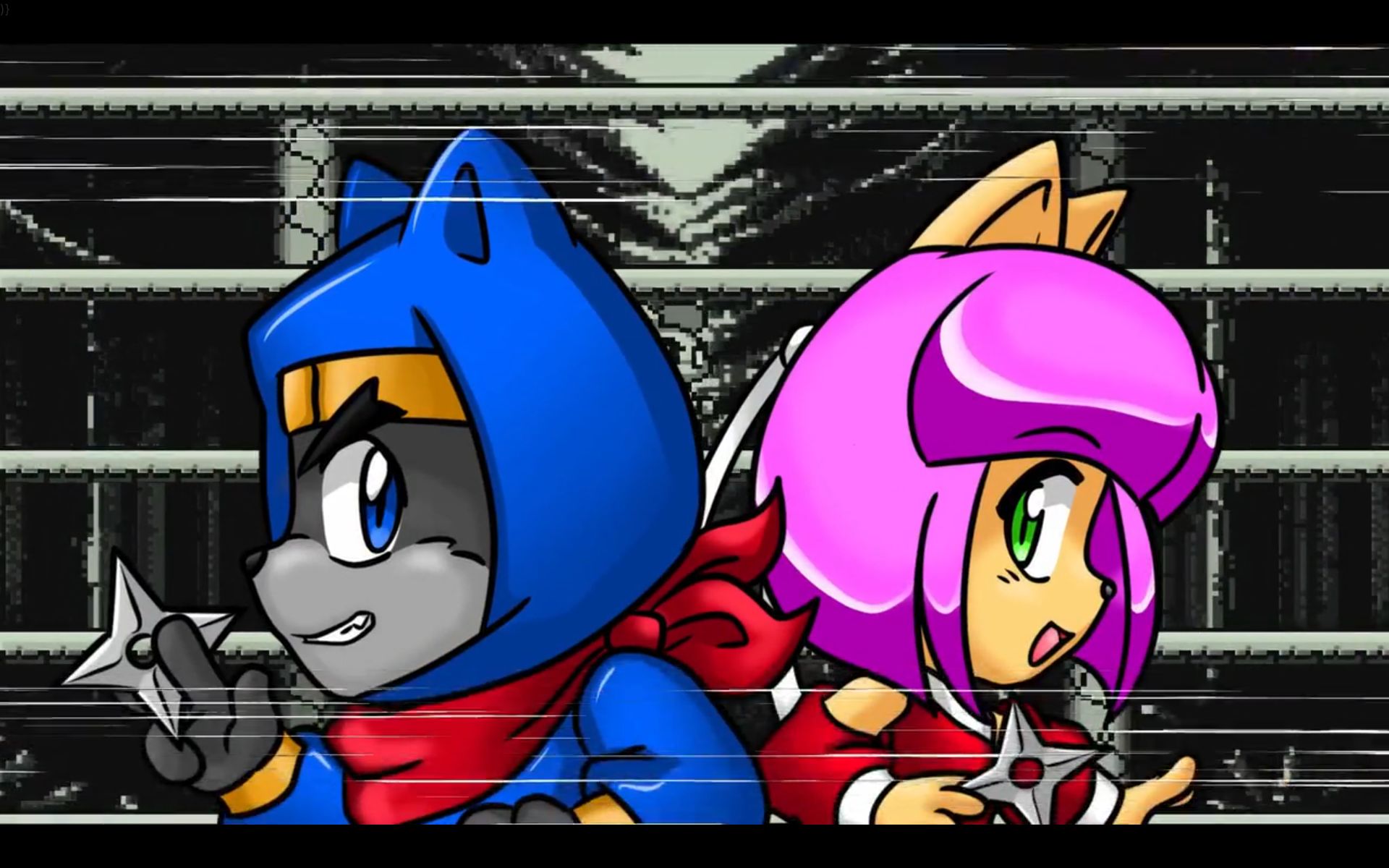 1990年代日本アニメ風の猫忍者が活躍する，懐かしい一画面アクション