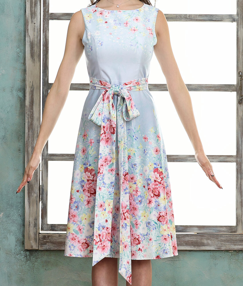 水色花柄ミニドレス/山崎みどり - カラードレス