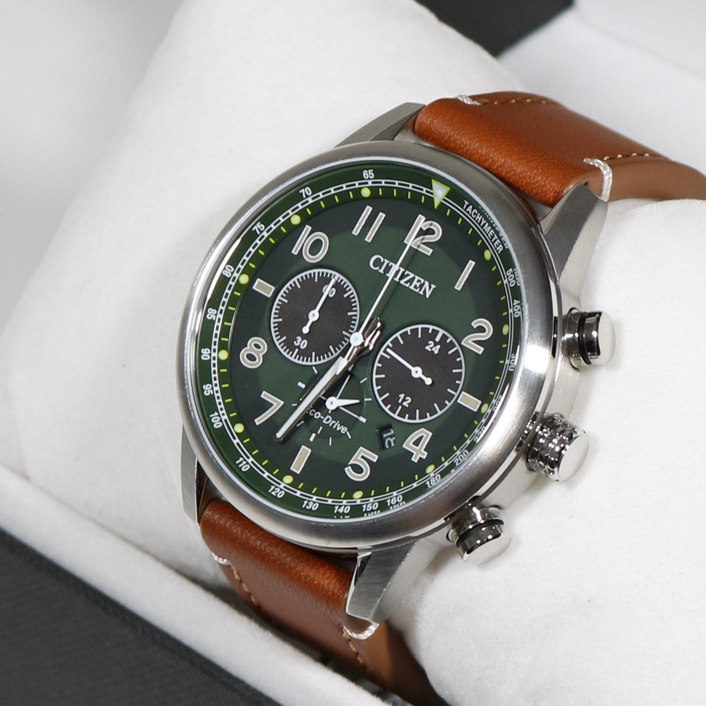 Citizen Eco-Drive Green Dial Stainless Steel Brown Leather Strap
