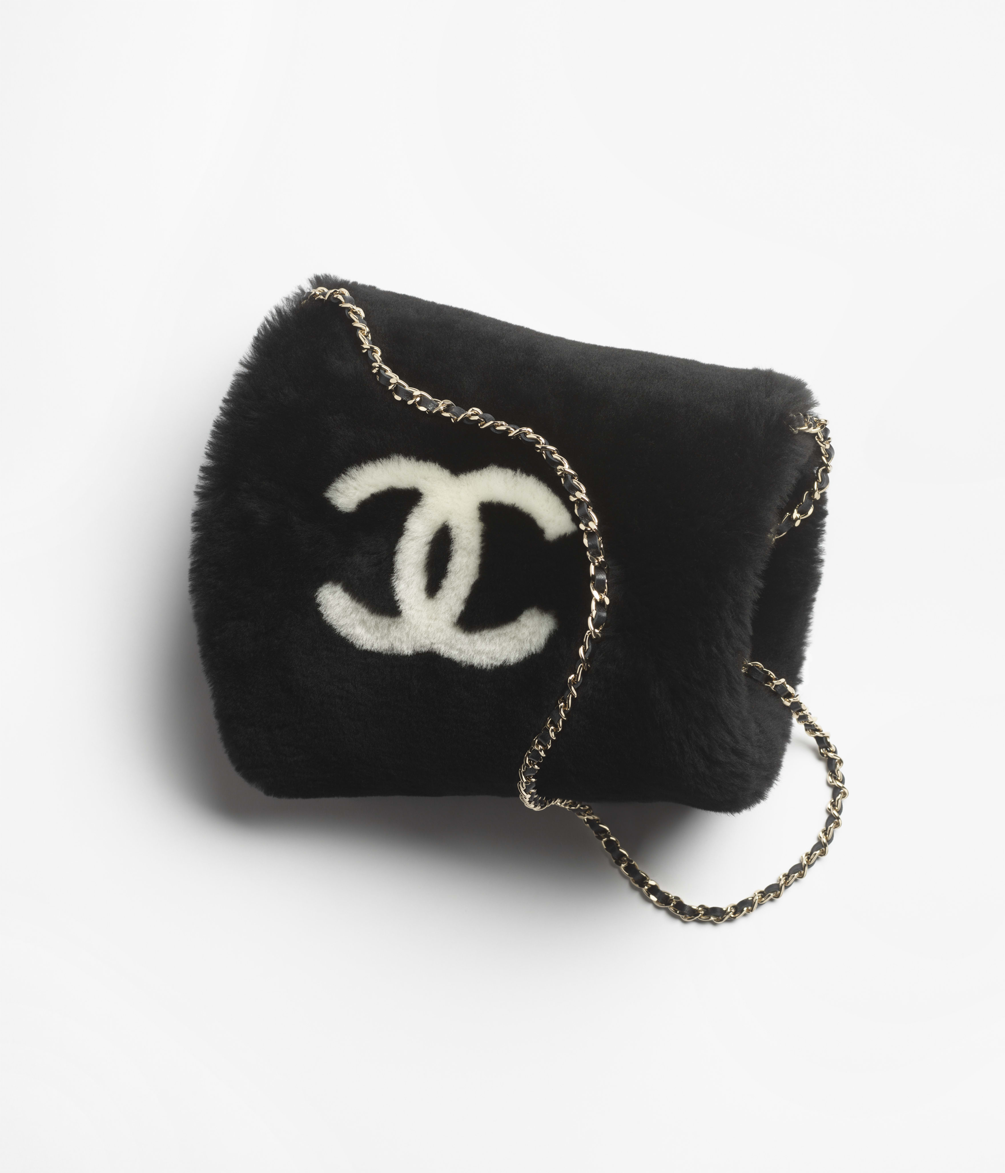 Small tote, Tweed, shearling lambskin & gold-tone metal, black