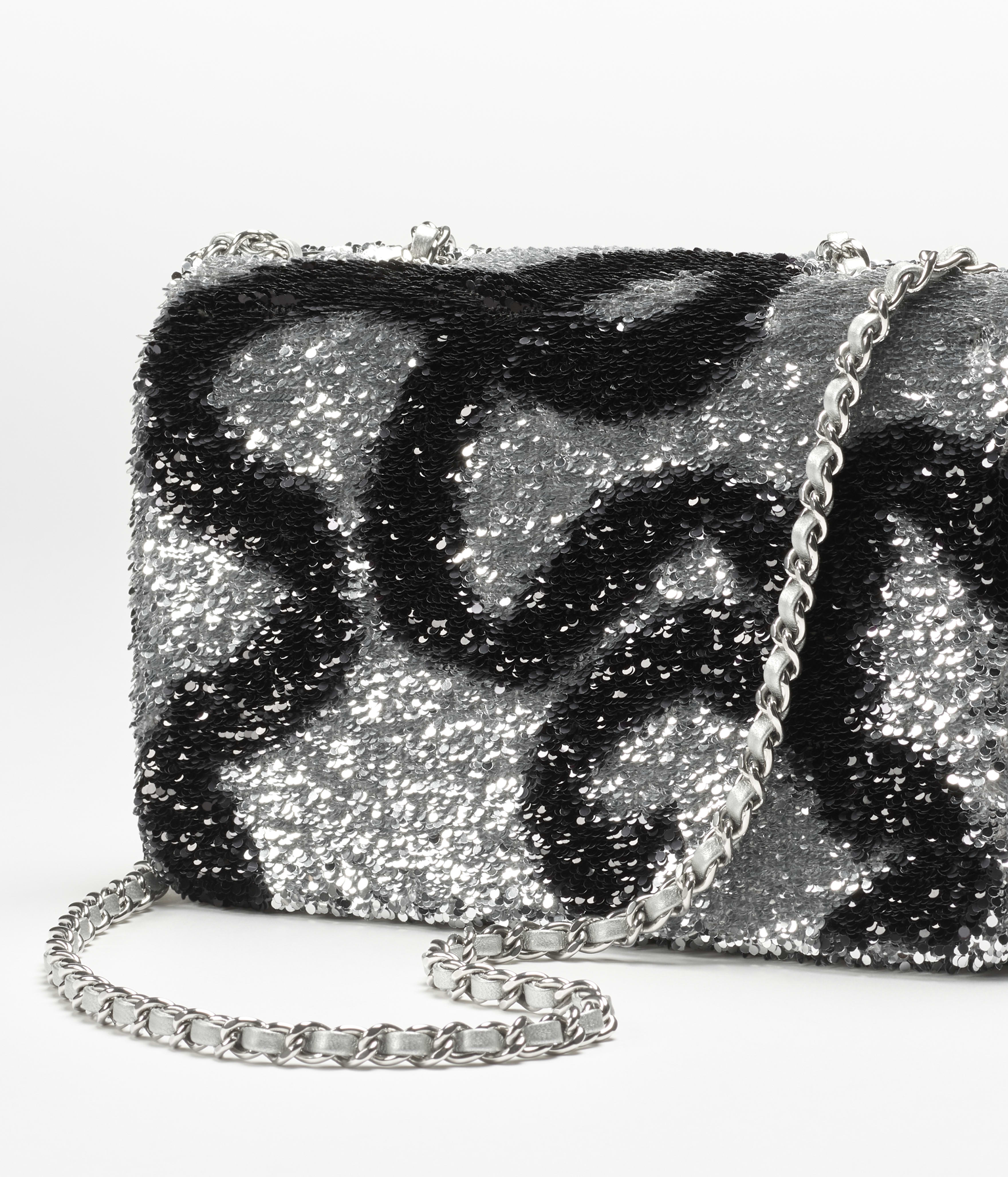 フラップ バッグ、スパンコール、シルバー & ブラック — ファッション