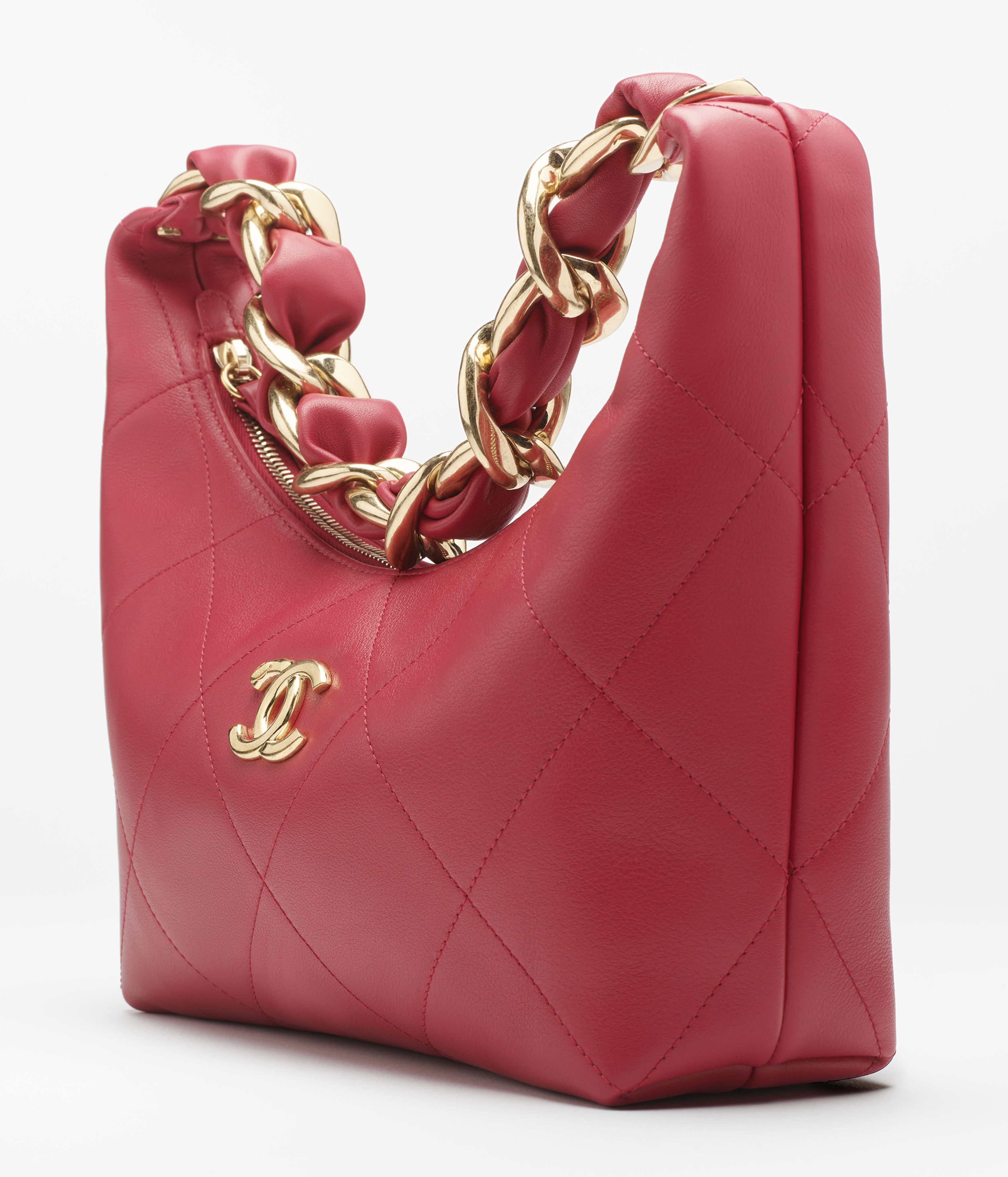 Hobo handbag, Shiny calfskin & gold-tone metal , red — Fashion