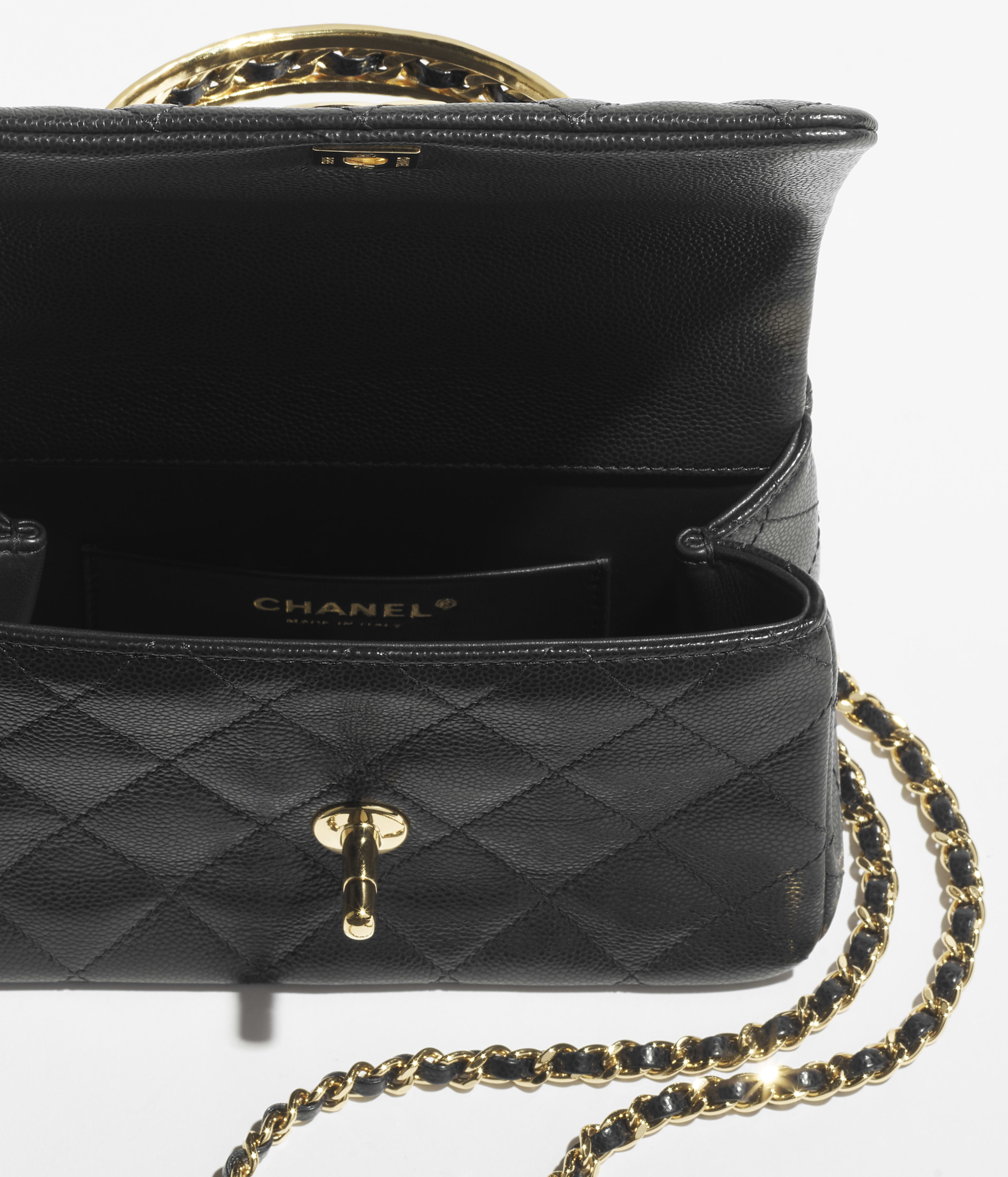 トップハンドル ミニ フラップ バッグ、シャイニー グレインド カーフ