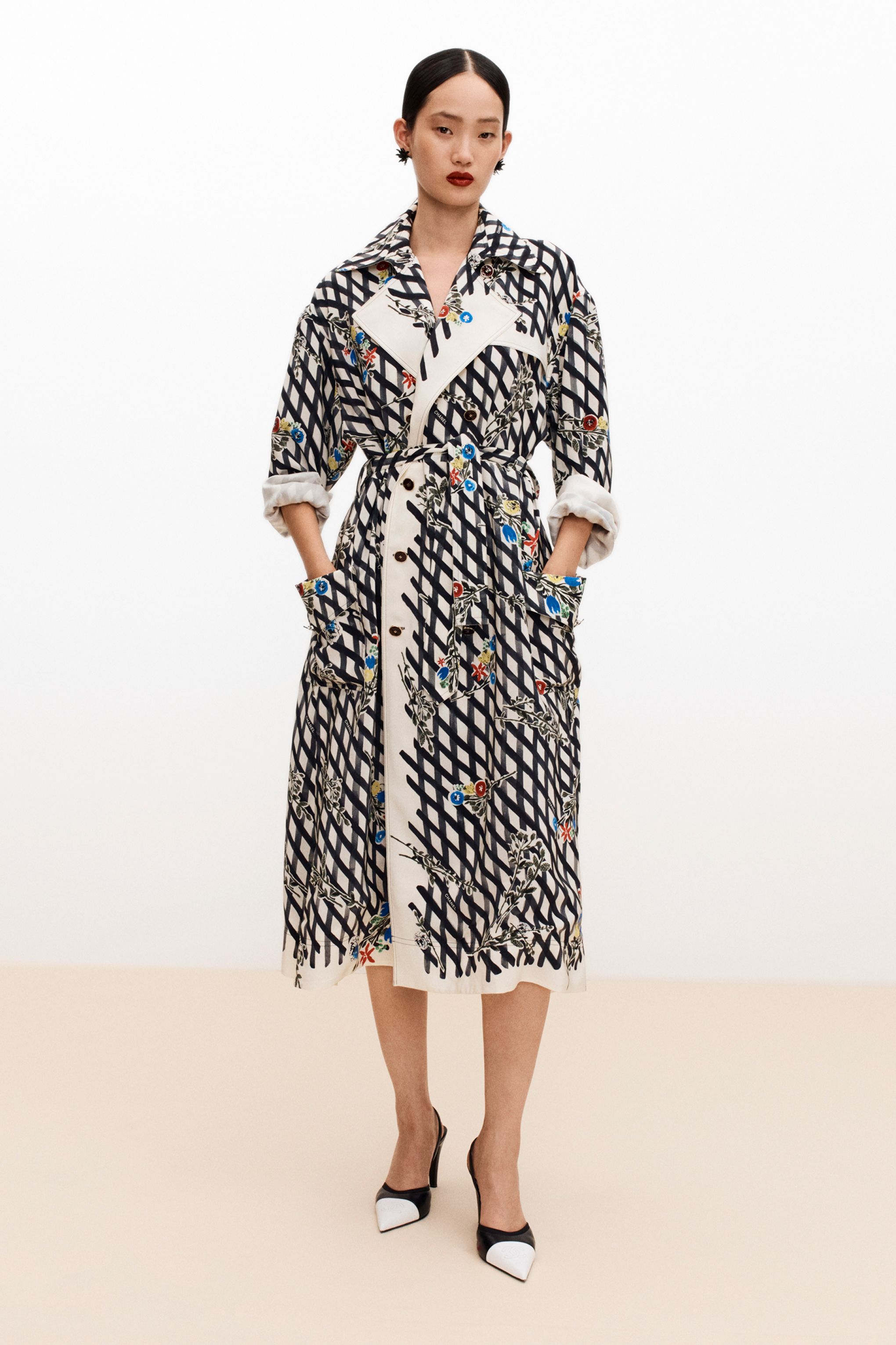 コート - プリント クレープ デ シン、エクリュ、ブラック、ブルー