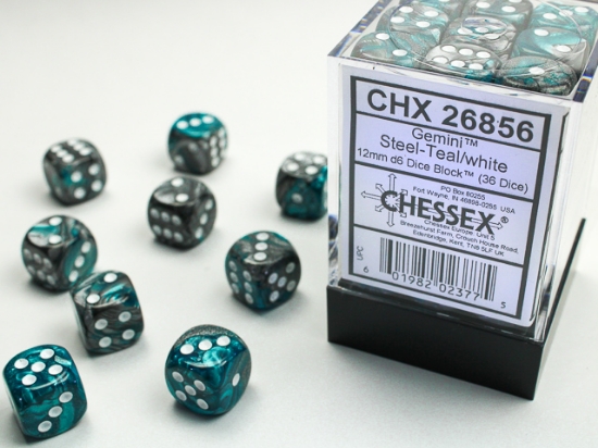 Chessex : Gemini Steel-Teal/white 12mm d6 Dice Block (36 dice)