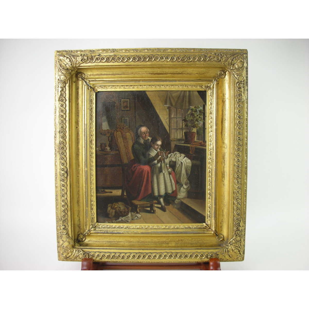 アンティーク 絵画】19世紀 英国 油絵 風俗画 少女に編みものを教える