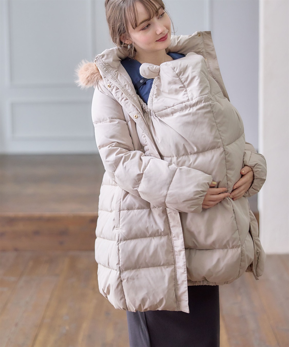 マットタフタダウンママコート＆ケープセット(マタニティ&授乳服）妊婦