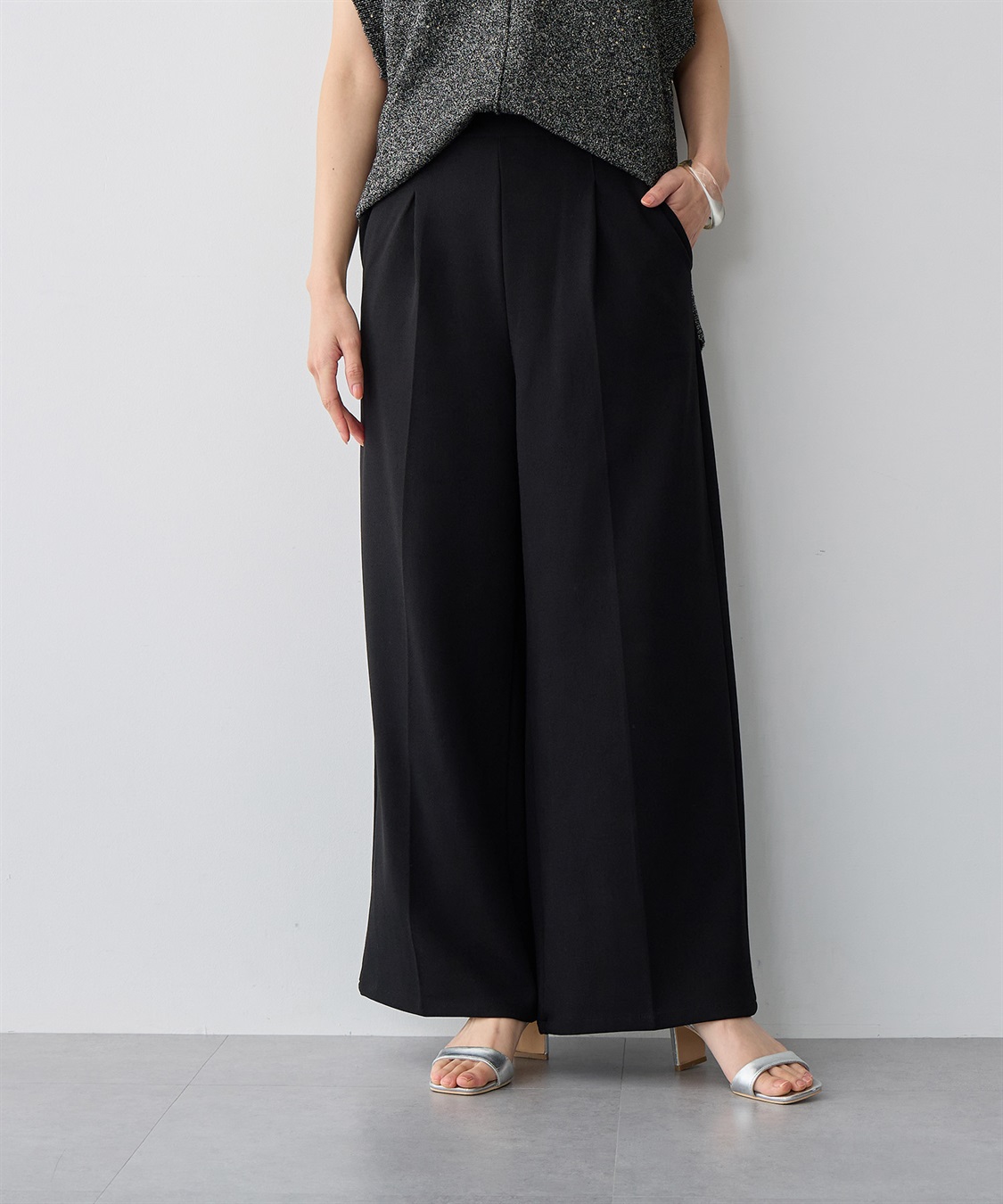 anyfee/プラスサイズ】ニットジョーゼットワイドパンツ anyfee｜クロス