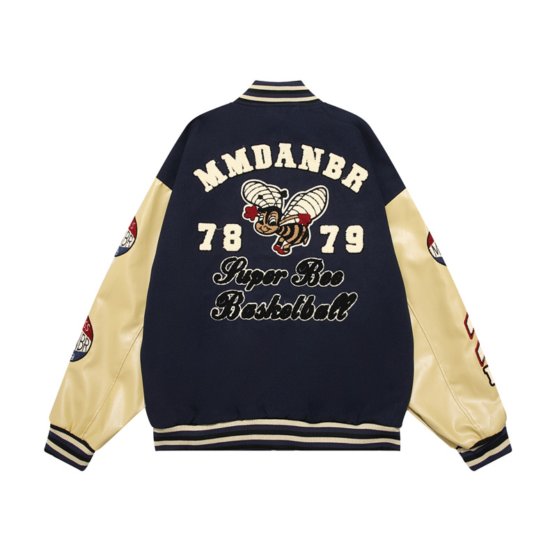 embroidered bee leather sleeves baseball uniformbaseball jacket