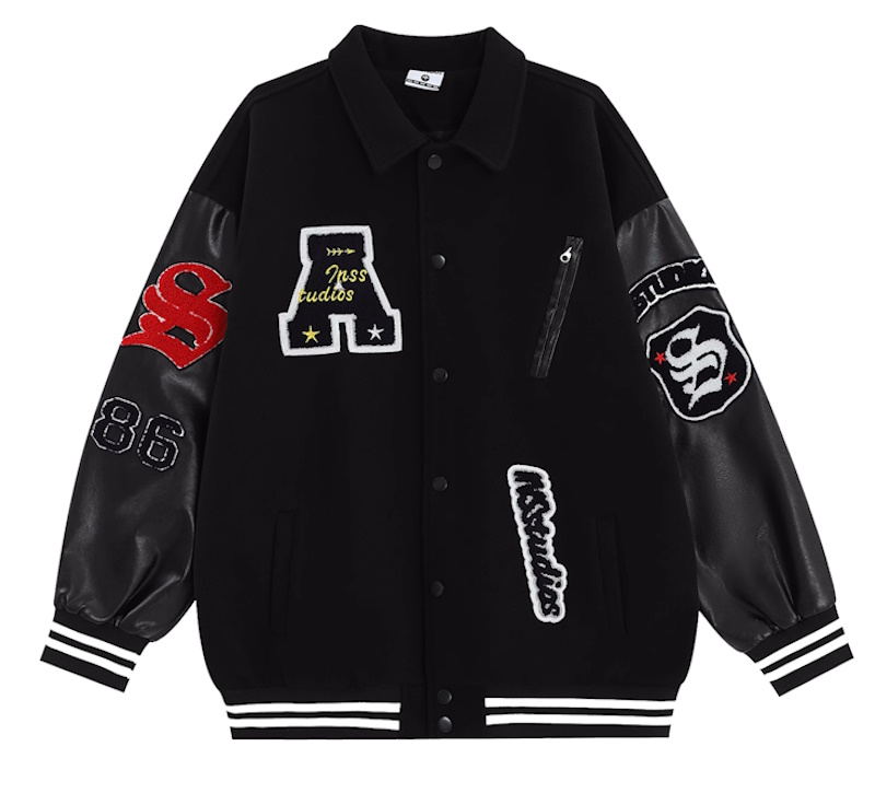 Sleeve leather alphabet logo embroidery stadium jumper jacket