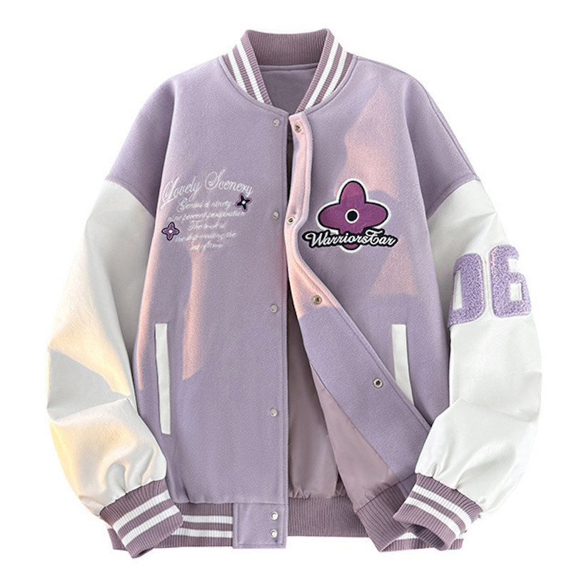 Unisex flower emblem Leather Sleeve embroidered stadium jacket