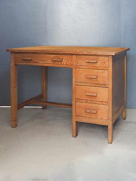 木製机　学習机　片袖机　アンティーク ナラ×ケヤキ材のレトロ片袖デスク｜幅106.5cm・収納力と実用性を備えた