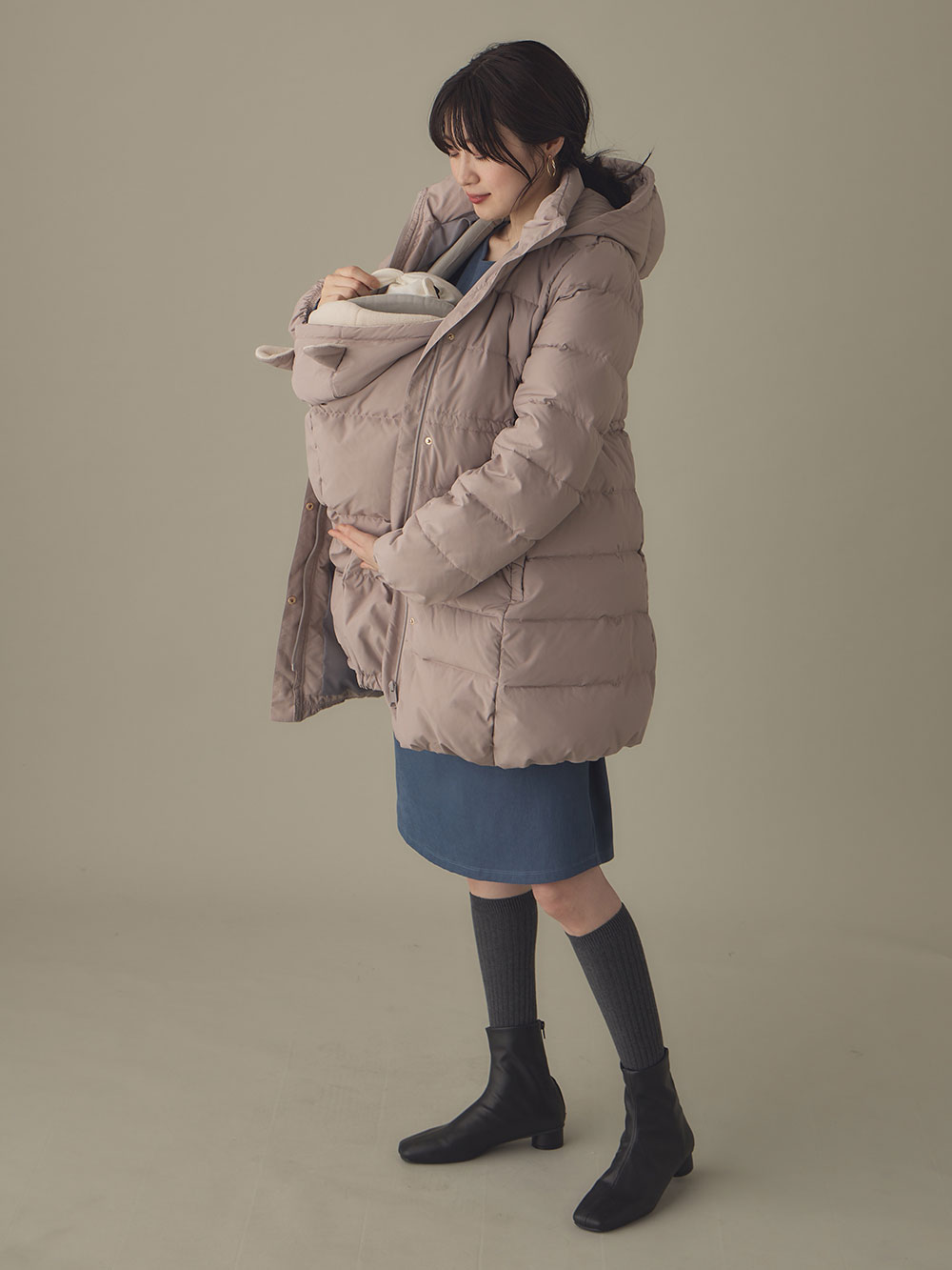 マットタフタ ダウンママコート マタニティ・産後授乳服【出産後も長く