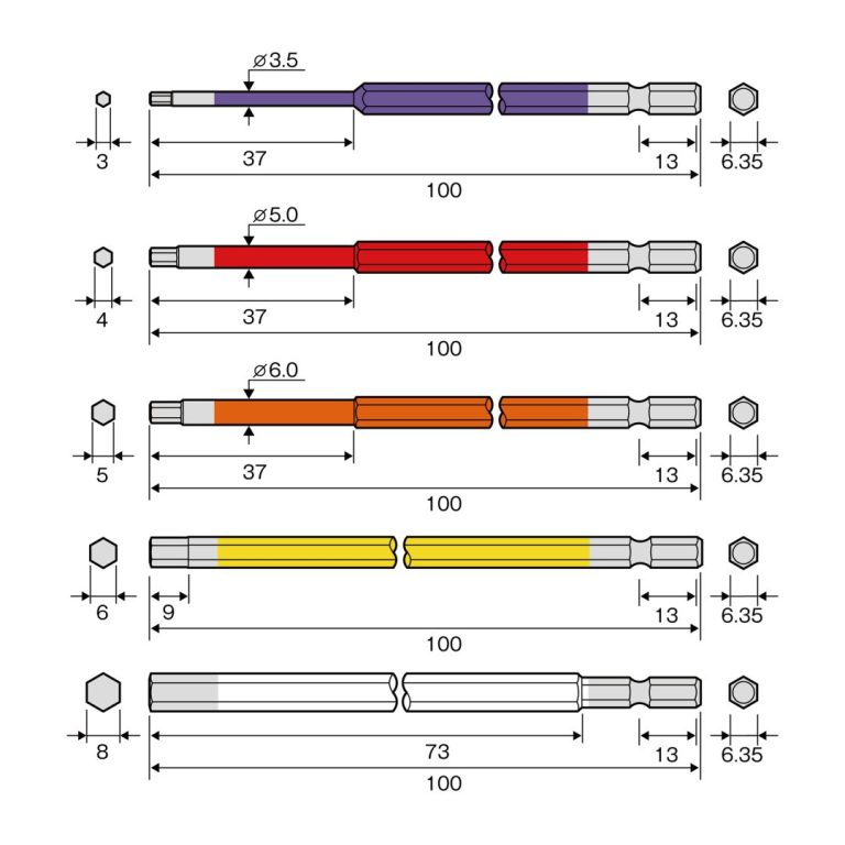 六角レンチカラービット 5本組 100mm | ANEXブランドのドライバー
