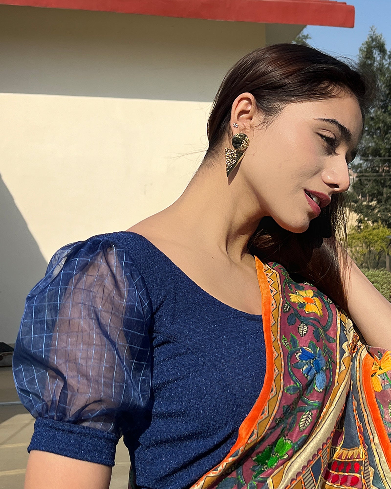 Advi Navy Organza Chic Puff Sleeve Blouse – Madhubala Slip On