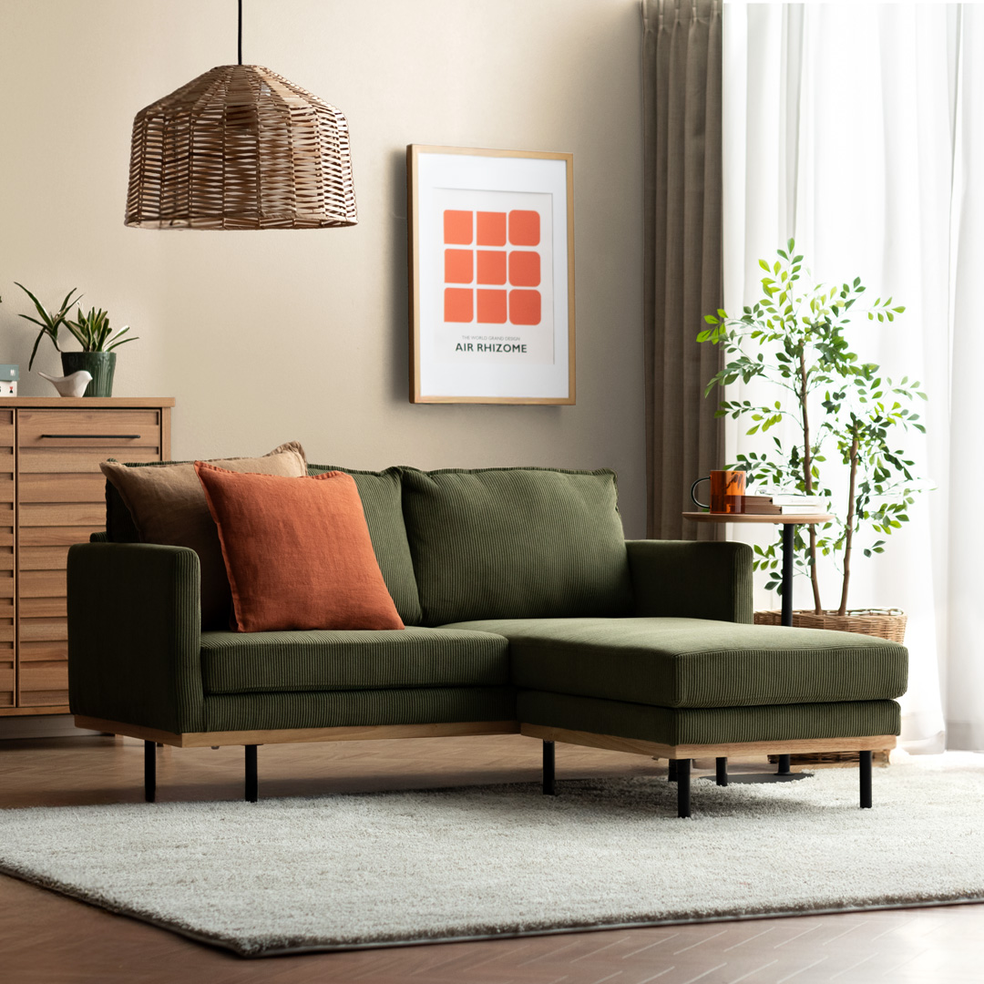 コンパクトカウチソファ 2人掛け L字 座面広め オットマン付き Bennett