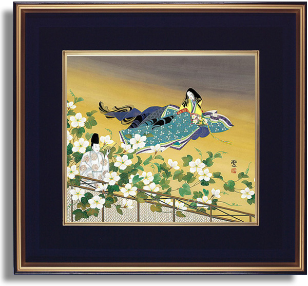 東聖観「夕顔心あてに」 源氏物語の色紙アートプリントの額装