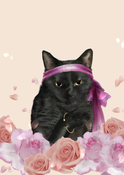 原画#3097 黒猫 猫 薔薇 花 水彩画 ドローイング インテリア アート 絵