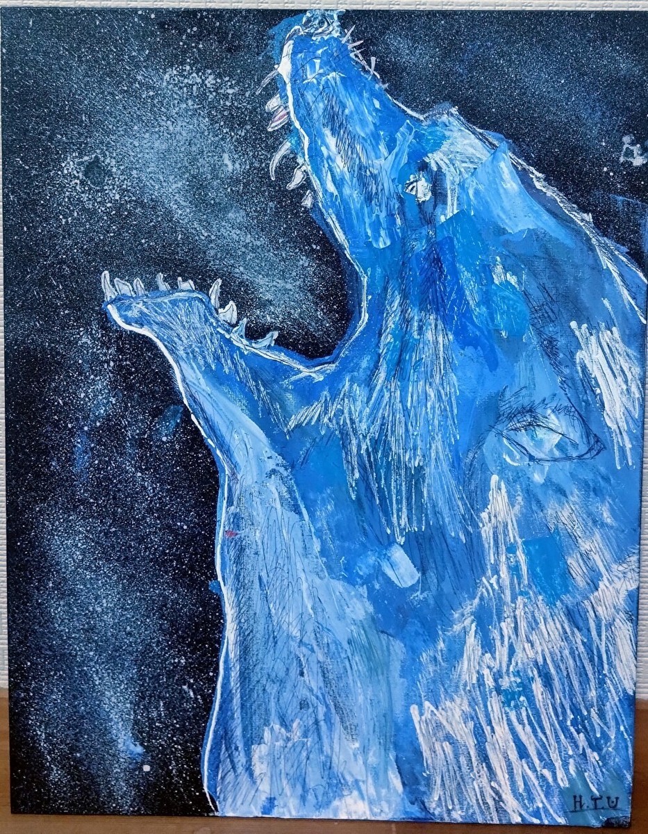 油絵 絵画 【おおかみのおなかのなか】額縁なし 油絵 絵画 【おおかみ