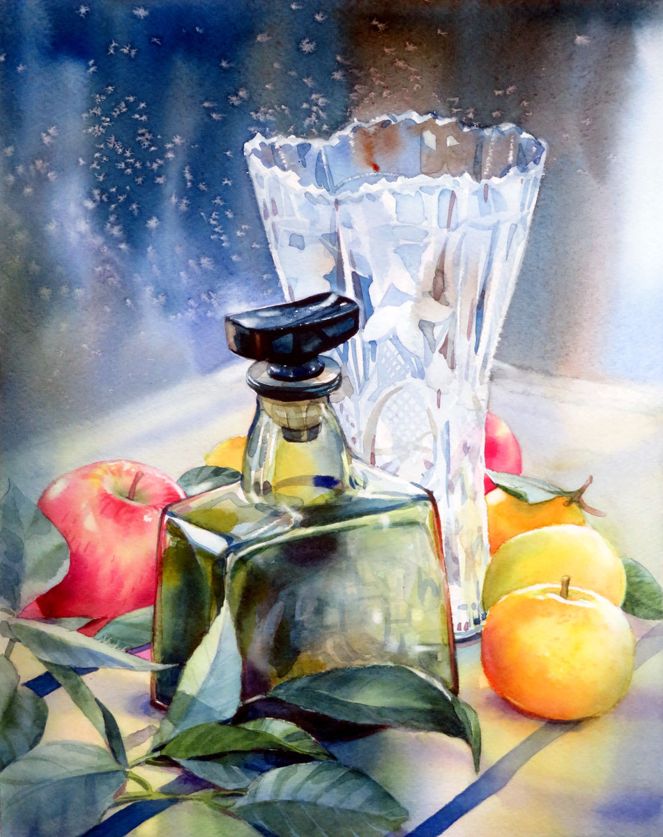 静物画 油彩画 果物とボトル