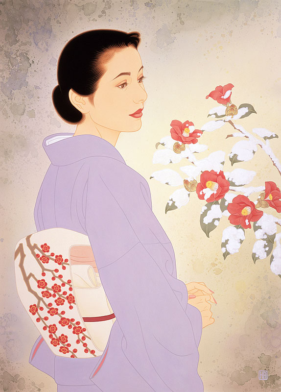 冬の花と着物女性イラスト／手描きによる雪椿と着物姿の和装