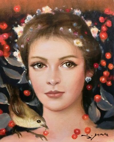 日本洋画壇の重鎮 芝田米三 フランス人形の絵 鉛筆とパステルによる