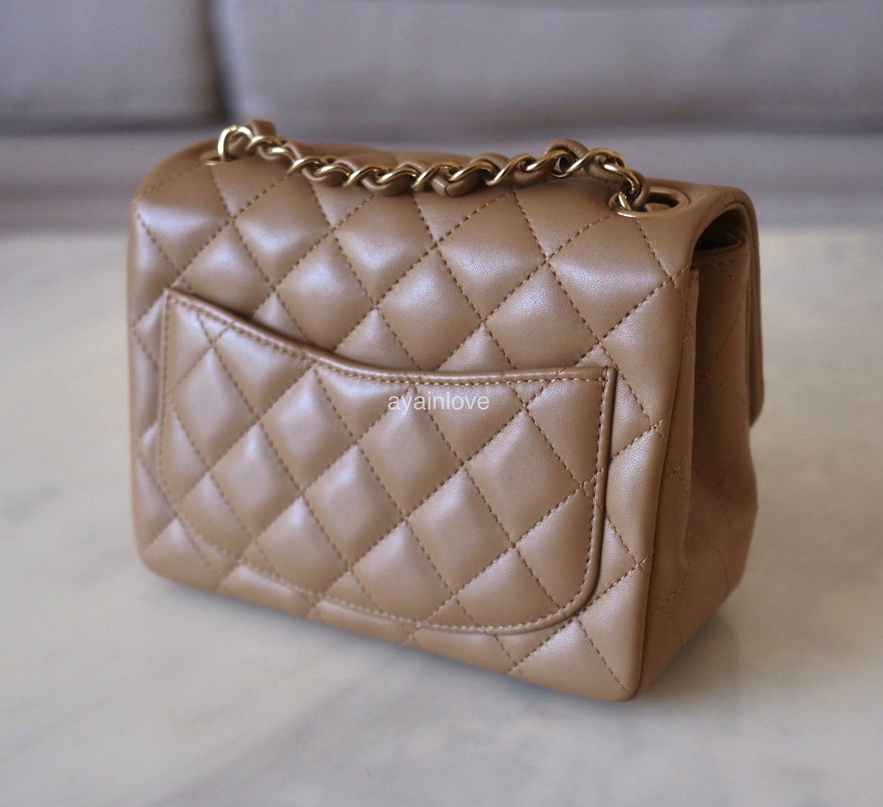 CHANEL 22B Beige Taupe Lamb Skin Classic Quilted Square Mini Flap