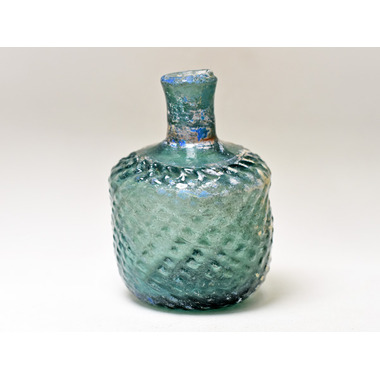 2508】古代ローマンガラス緑色銀化斜め格子柄瓶 ボトル(高さ約9.1Cm