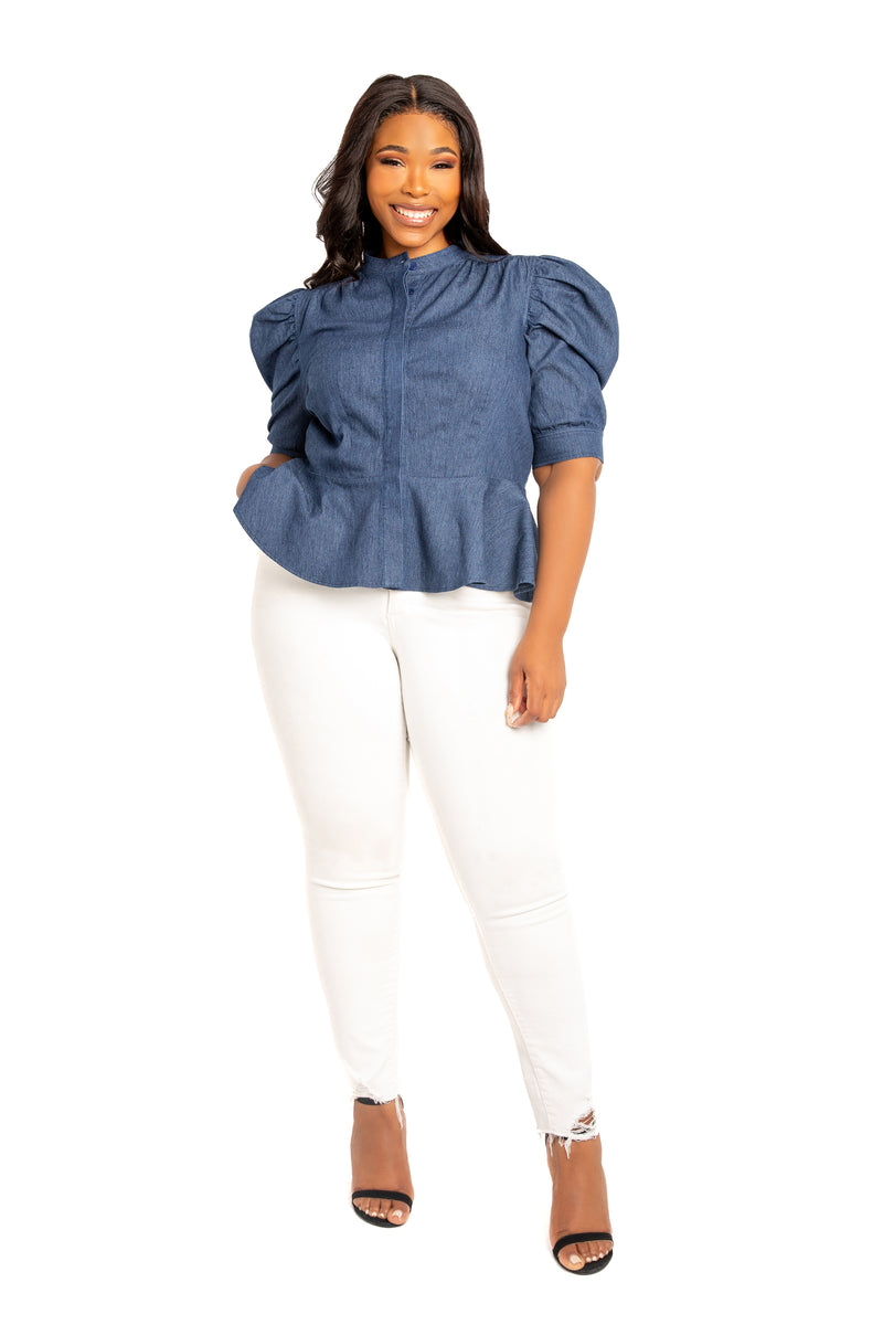 Ruched Sleeve Denim Peplum Blouse – Buxom Couture