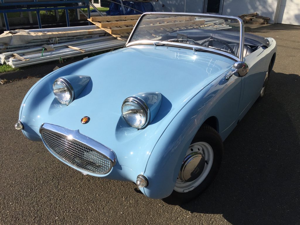 Great 1960 Iris Blue Bugeye Sprite fully restored and for sale!