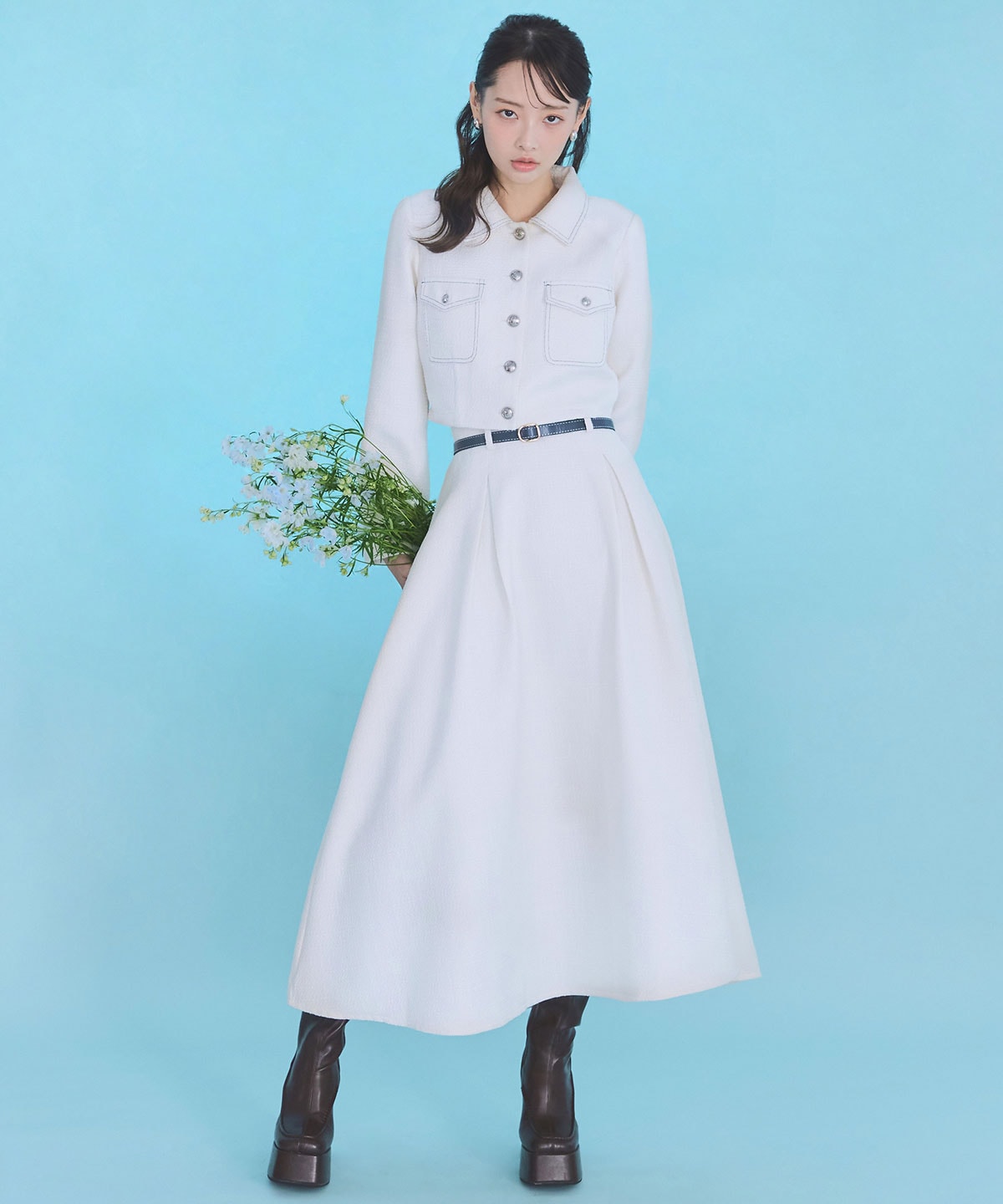 ダブルステッチツイードブラウス×フレアロングスカートセットアップ(F