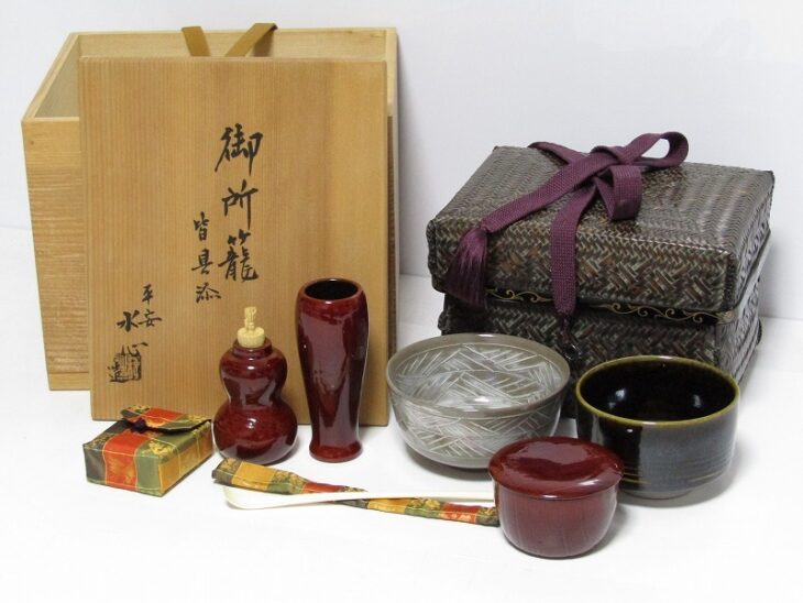 茶道具一式 平安 水心 造 御所籠 皆具添え 共箱 竹網籠 茶碗 茶杓 茶入