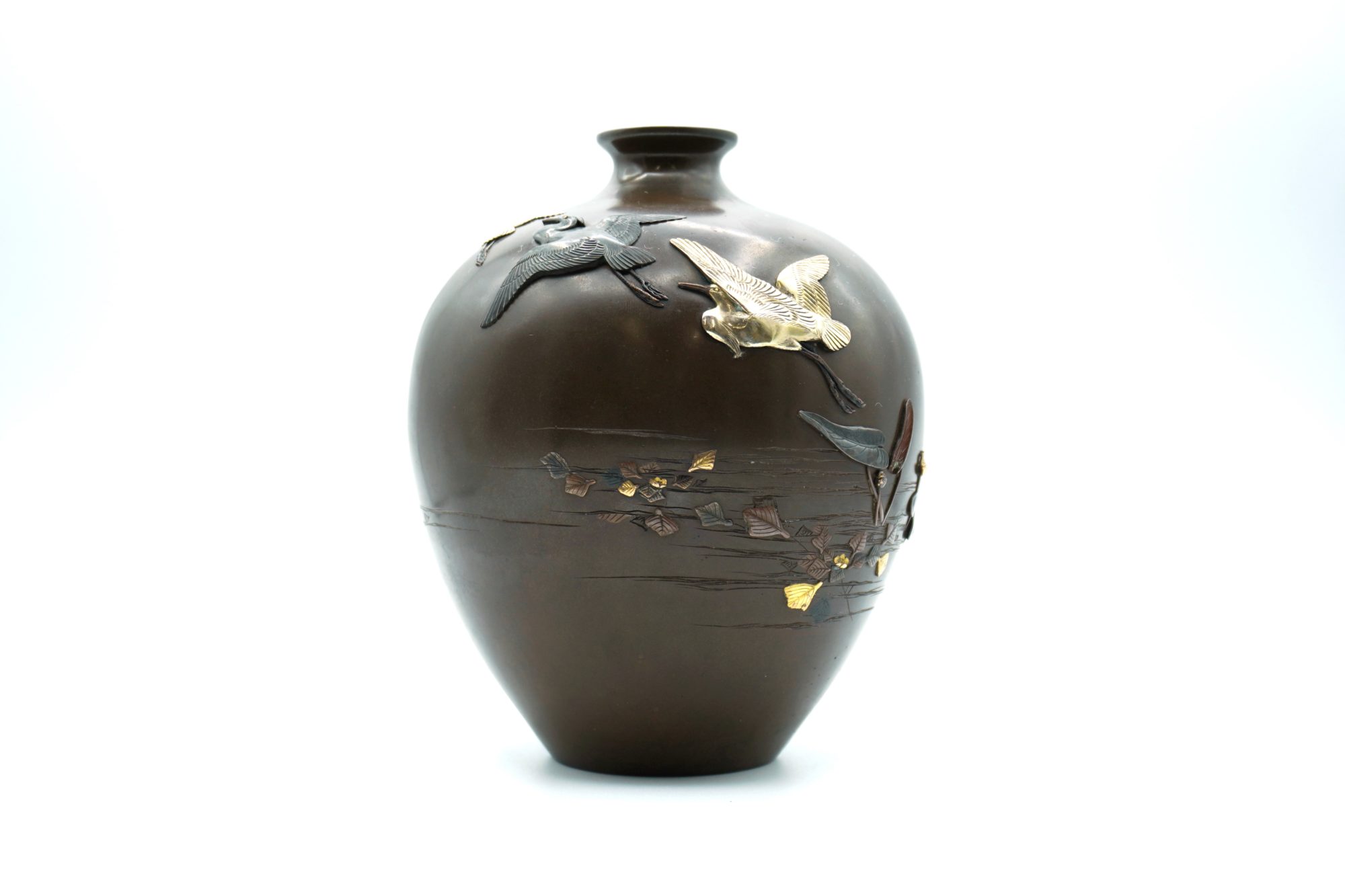 宮部篤良 象嵌 飛翔鷺図花瓶 | 明治工芸・明治金工の販売専門店なら