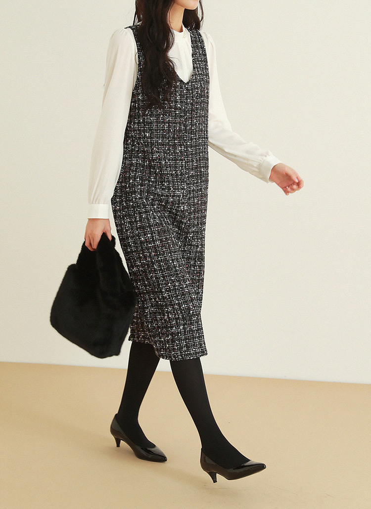 ツイードVネックノースリワンピース | レディースファッション通販