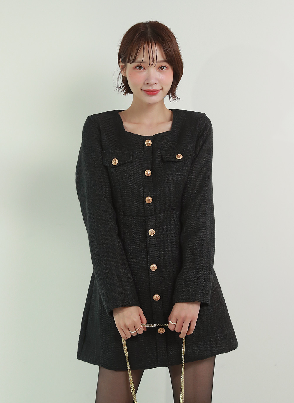 ツイードゴールドボタンミニワンピース | レディースファッション通販