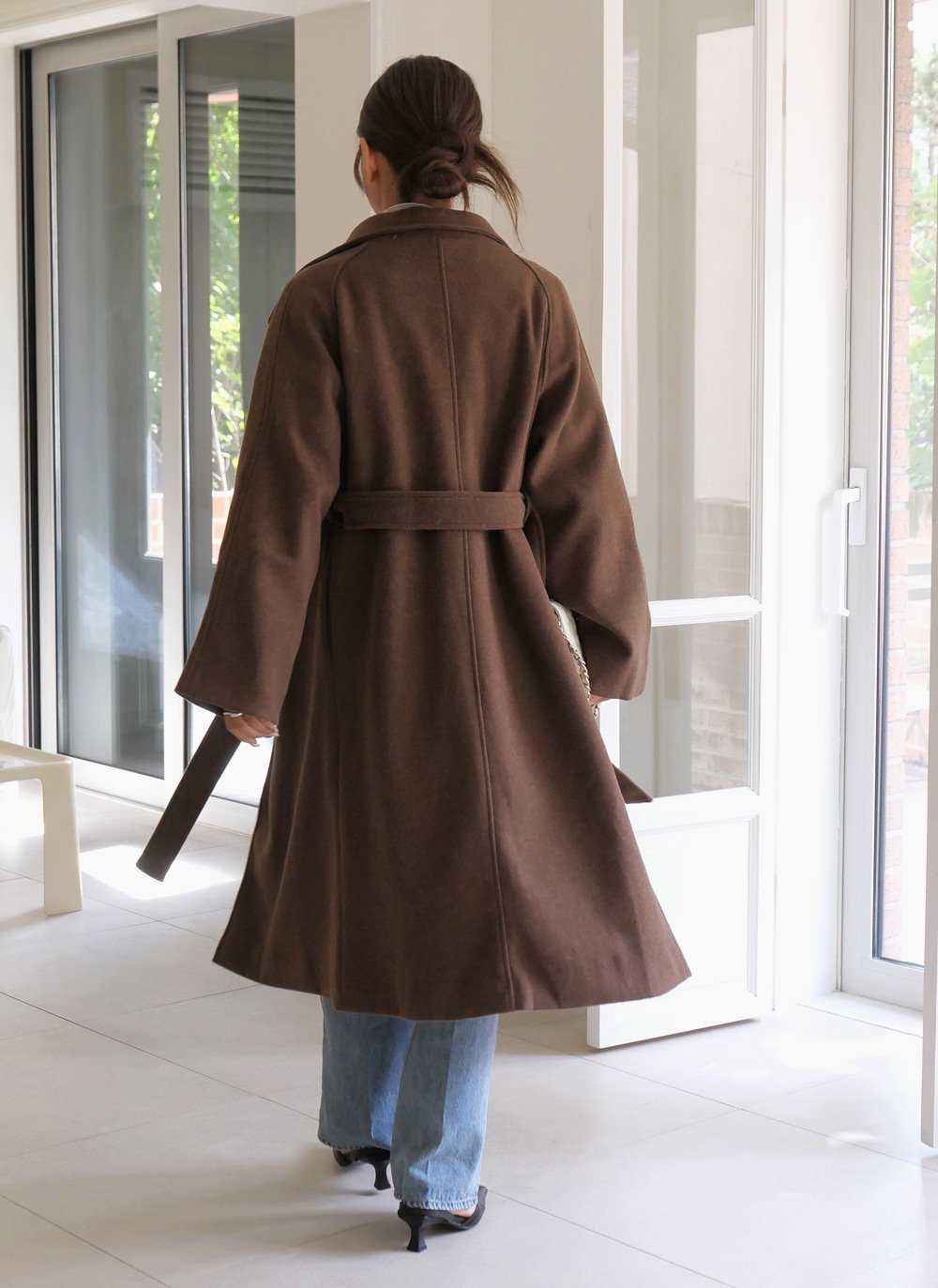 ストラップ付ウール混オープンロングコート | レディースファッション