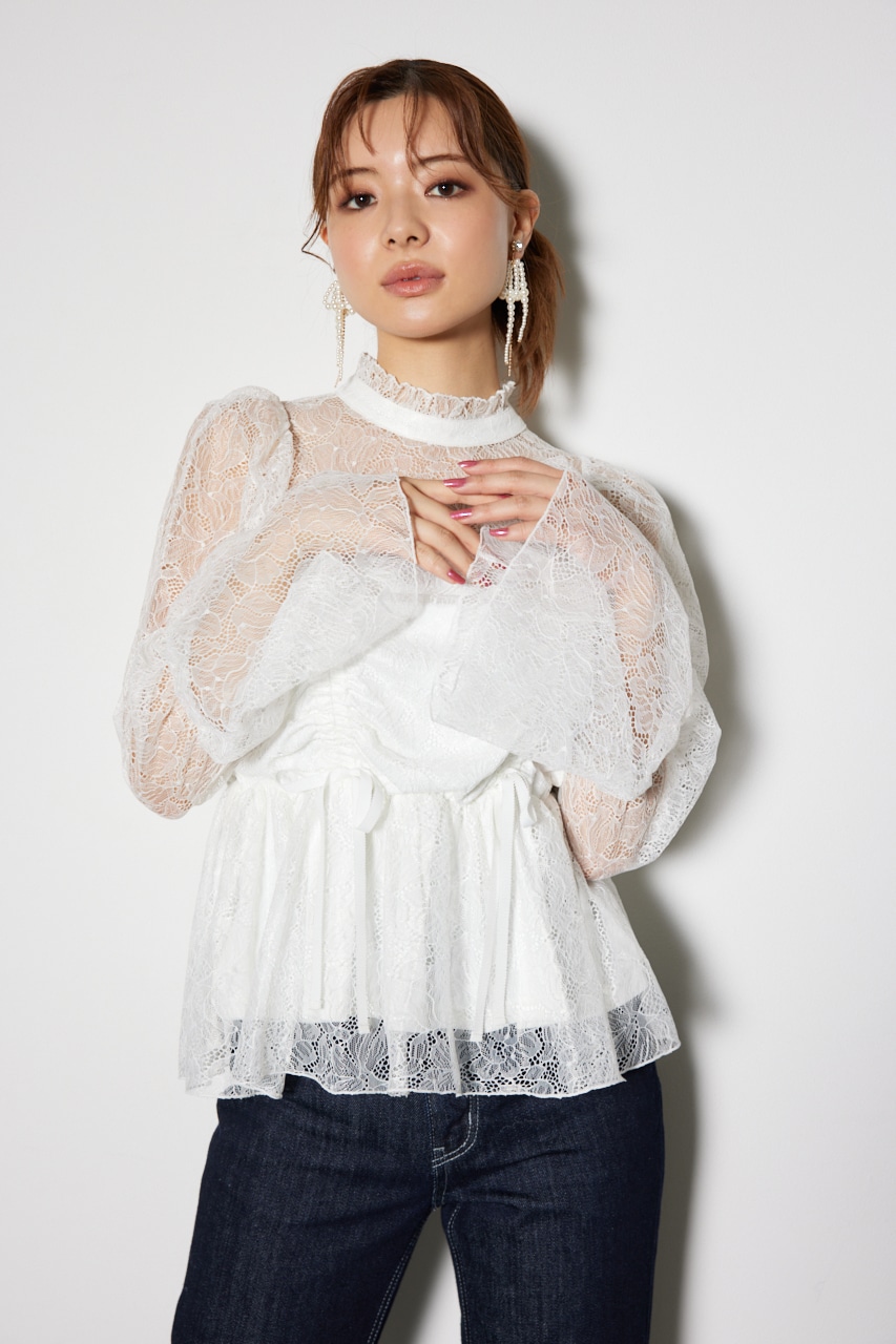 rienda | コルセット風シャーリングレースブラウス (シャツ・ブラウス